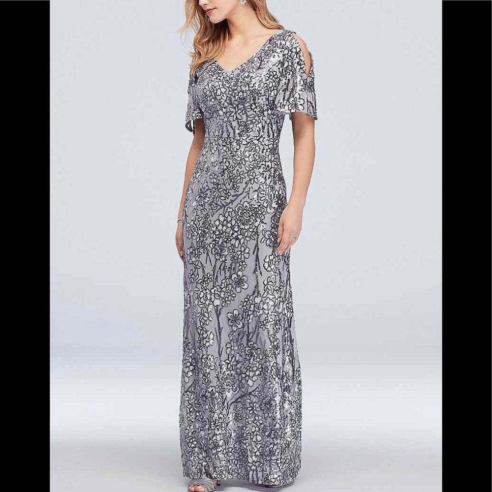 Sequin floral embroidered flutter sleeve dress